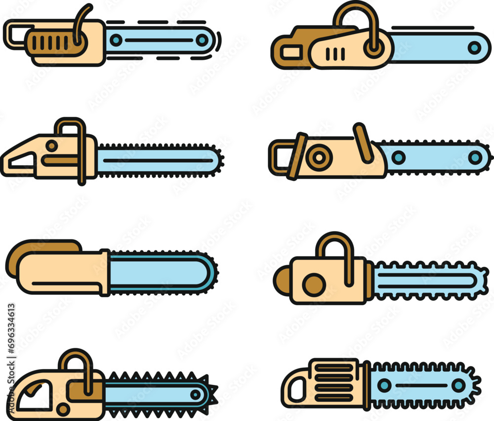 Poster modern chainsaw icons set. outline set of modern chainsaw vector icons thin line color flat on white