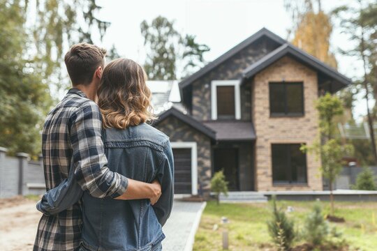 Joyful husband and wife facing their new home, backs to the camera, celebrating the purchase of their house, embodying a dream-come-true in real estate