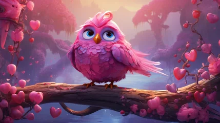 Foto op Canvas Cute cartoon owl in magical forest with heart-shaped balloons. Fantasy wildlife scene. © Postproduction