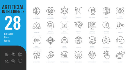 Artificial Intelligence Line Editable Icons set. Vector illustration in modern thin line style of AI technology and possibilities, machine learning, smart robotic. Isolated on white
