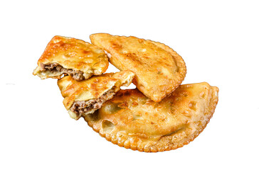 Cheburek meat pastry pie with herbs.  Transparent background. Isolated.