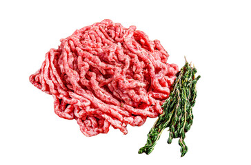 Raw mince angus wagyu beef, ground meat with herbs Transparent background. Isolated.