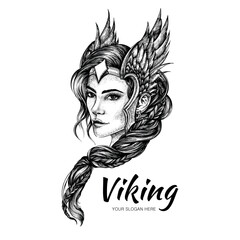 Black and white line art design with viking woman. Valkyrie. Vector illustration