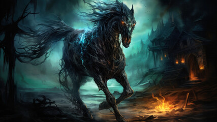 Obraz na płótnie Canvas Horse in the village at night. Fantasy illustration. Digital painting.