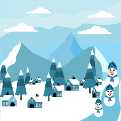 Landscape of a winter mountains and forest. Beautiful winter lake against the background of forest, snowdrifts, high mountains, blue sky and large clouds.