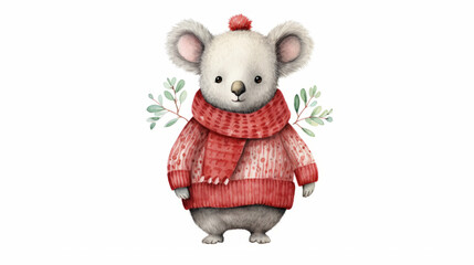 Cute koala watercolor illustration in Christmas style. Funny animal in clothes.