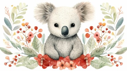 Cute koala watercolor illustration in Christmas style. Funny animal in clothes.