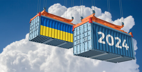Trading 2024. Freight container with Ukraine national flag. 3D Rendering 
