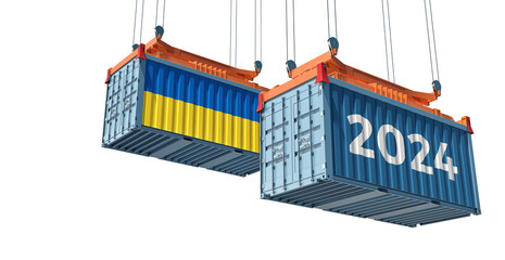 Trading 2024. Freight container with Ukraine national flag. Isolated on white. 3D Rendering  - 696337631