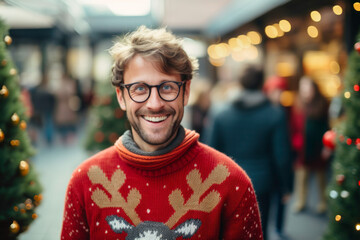 Merry fun young man wearing Christmas sweater with reindeer standing next to Christmas tree in...