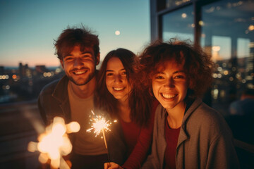 Group of young friends celebrating New Year on rooftop. People having fun at New Year's Eve Party. Friends celebrating Christmas with sparklers on the rooftop