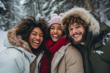 Excited children are joyfully playing in the snow, laughing and having fun. They engage in a friendly snowball fight with friends, taking selfie and creating cherished memories