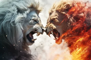 Foto op Aluminium A closeup of fire in midst of a blizzard with an abstract image of two male lions fighting in the fire, colored ink illustration in the style of David Mack, white background photography © Amer