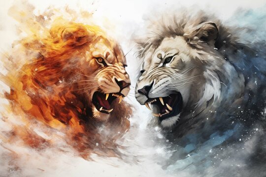 A closeup of fire in midst of a blizzard with an abstract image of two male lions fighting in the fire, colored ink illustration in the style of David Mack, white background photography