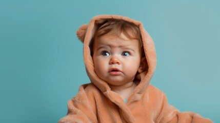 Infant in tears, wearing a kid's bathrobe, posed against a pastel blue studio setting.