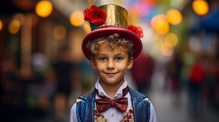 Boy in carnival costume on the street during carnival celebration