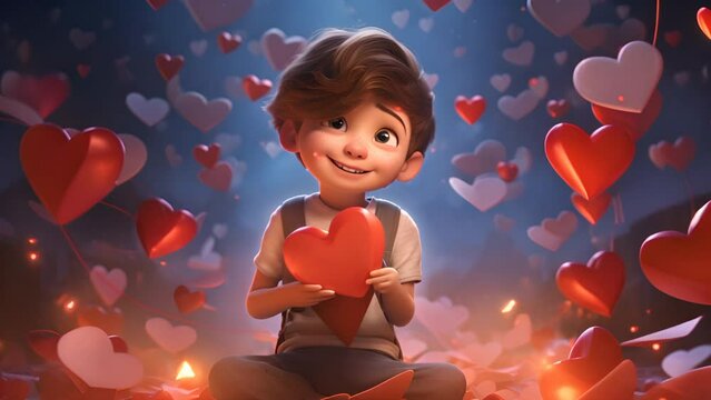 Animated boy surrounded by hearts holding Valentine's Day card. Love and celebration.