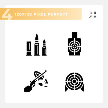 Pixel perfect glyph style icons set of weapons, flat silhouette illustration.