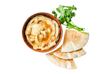 Hummus paste with pita bread, chickpea and parsley in a wooden bowl. Transparent background....