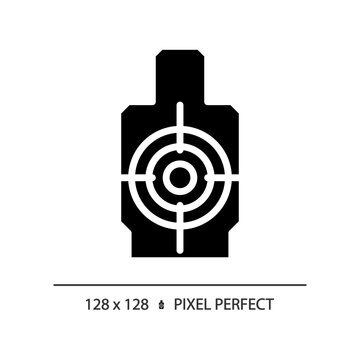 2D pixel perfect glyph style shooting range icon, isolated vector, flat silhouette illustration representing weapons.