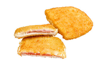 Chicken cordon bleu meat  roll cutlet with ham and cheese.  Transparent background. Isolated.