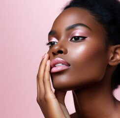 Young beauty african american woman with a perfect manicure, stylish pink nail polish on her lips, pensive poses. - obrazy, fototapety, plakaty