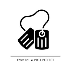 2D pixel perfect glyph style dog tag icon, isolated vector, flat silhouette illustration representing weapons.