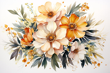 Watercolor Flowers Bouquets, illustration with green gold leaves centre on white background for wedding invitations, greetings, wallpapers, fashion, prints 
