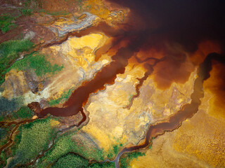 Aerial view of Mining activity. Polluted river and water. Apocalypse scenery. Earth and destruction...