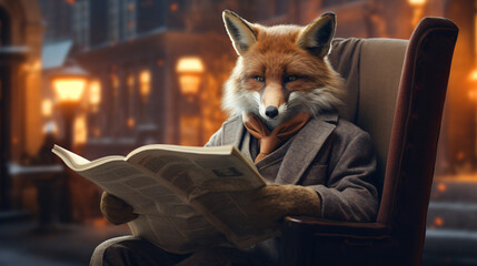 A fox in a tweed jacket reading a newspaper - obrazy, fototapety, plakaty