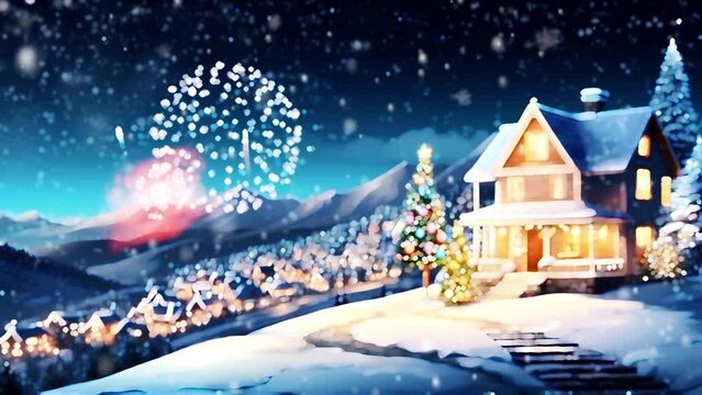 A winter village scene with fireworks, a house on a hill and a mountain background