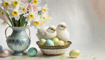 Pastel Easter background with daffodils, Easter eggs and chicks - obrazy, fototapety, plakaty
