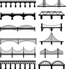 Set of different bridges silhouettes. Isolated on white background. Black and white. Vector illustration.