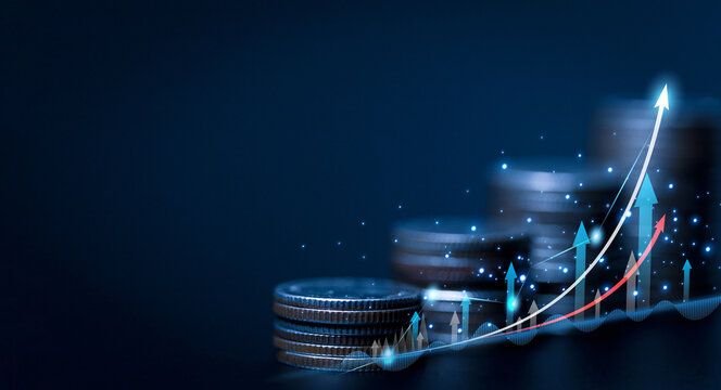 Exposure images coin stacks and chart graphs with copy space. Economy financial and investment concept.