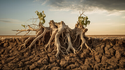 Roots of a dry dead tree, dry cracked land. Concept climate change. Global warming. - 696341016