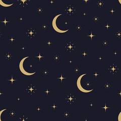 Moon and stars. Night sky vector seamless pattern