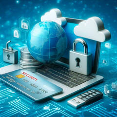 Internet security concept with laptop, tablet, credit card and cloud computing