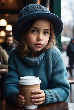 Close up portrait of young beautiful happy woman drinking coffee and looking through the window. Model wearing classic stylish knitted winter clothes. Generative AI