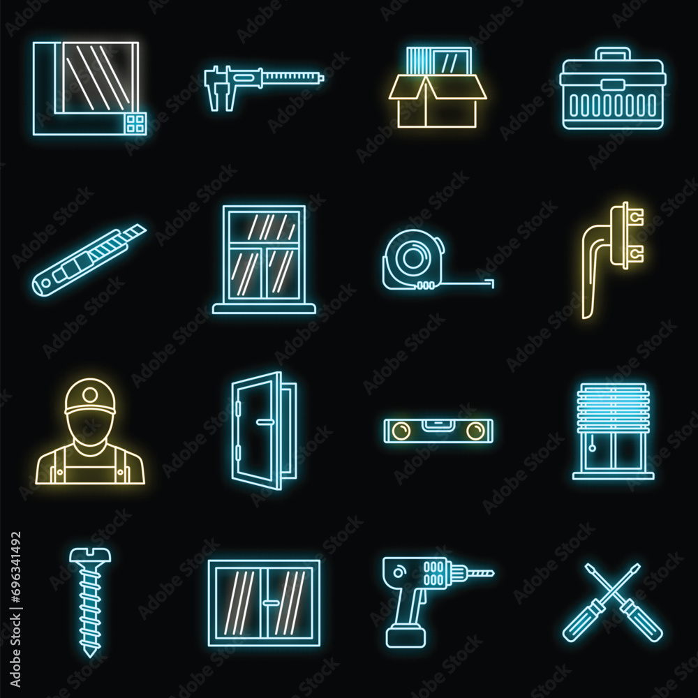 Poster home window installation icons set. outline set of home window installation vector icons neon color 