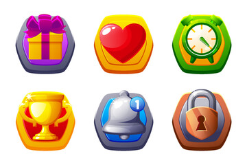 UI icon set. Time, heart, castle, gift, bonus and message