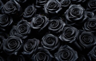 A bunch of black roses that are close together