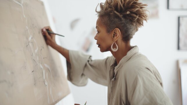 At home, a mature woman practices her painting skills