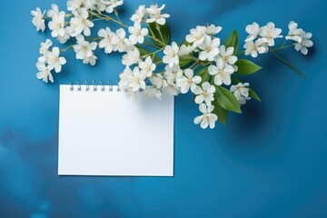 A notepad and flowers on a blue background