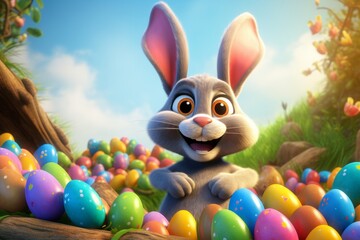 Illustration of a happy bunny on the lawn among Easter eggs on a sunny day. Easter and spring celebration concept. Postcard on a spring theme