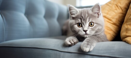 Portrait of an adorable gray kitten lying on the sofa, banner.