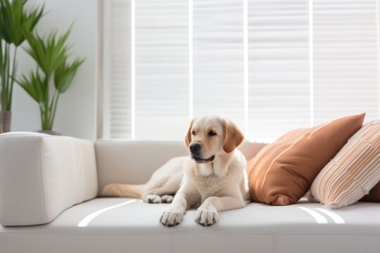 Labrador lying calmly on the sofa against the backdrop of a large bright window.