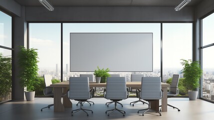 a room with a large screen and a table with chairs