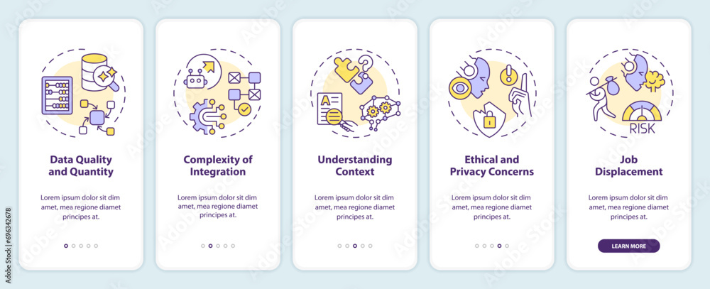 Poster 2d icons representing challenges of cognitive computing mobile app screen set. walkthrough 5 steps m