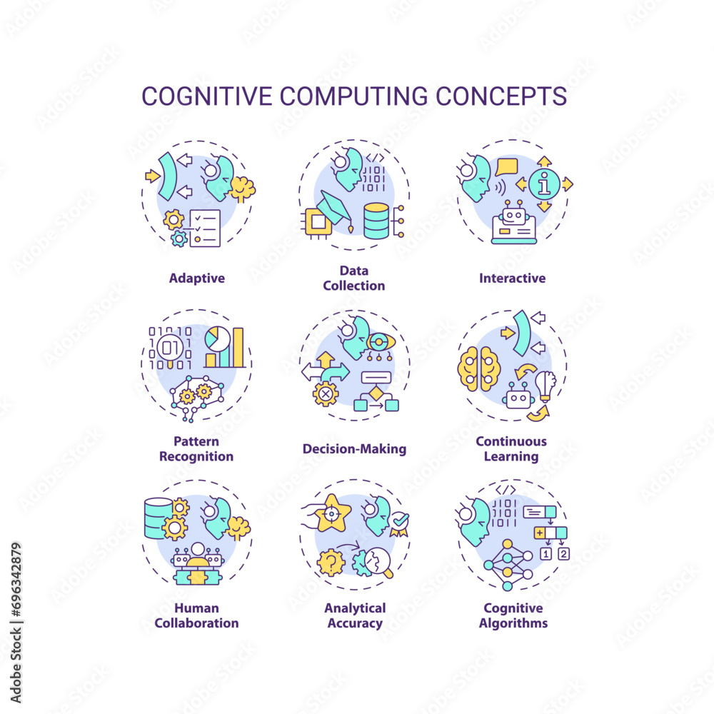 Poster collection of 2d editable colorful thin line icons representing cognitive computing, isolated simple