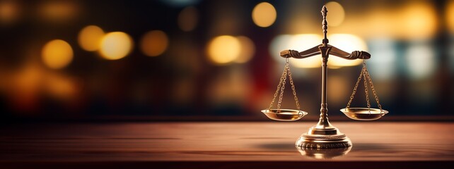 a scale of justice on a table - obrazy, fototapety, plakaty